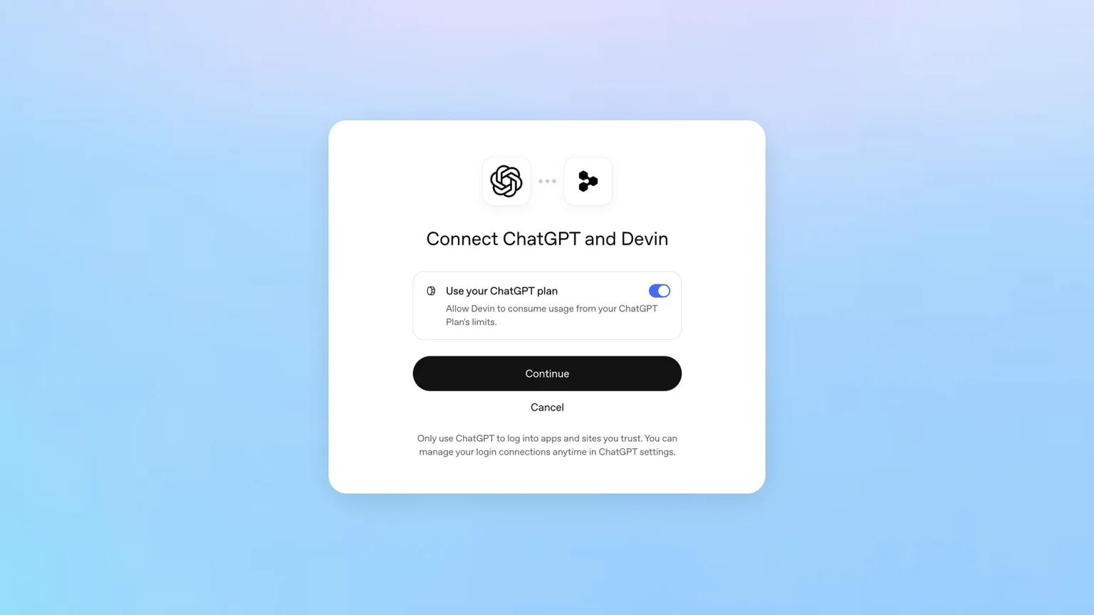 「ChatGPTとDevinをつなぐ」画面で、「ChatGPTのプランを使う」を選ぶ公式ビジュアル(出典:OpenAI)