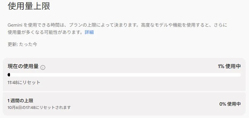Geminiの使用量とリセットの案内が表示された実画面