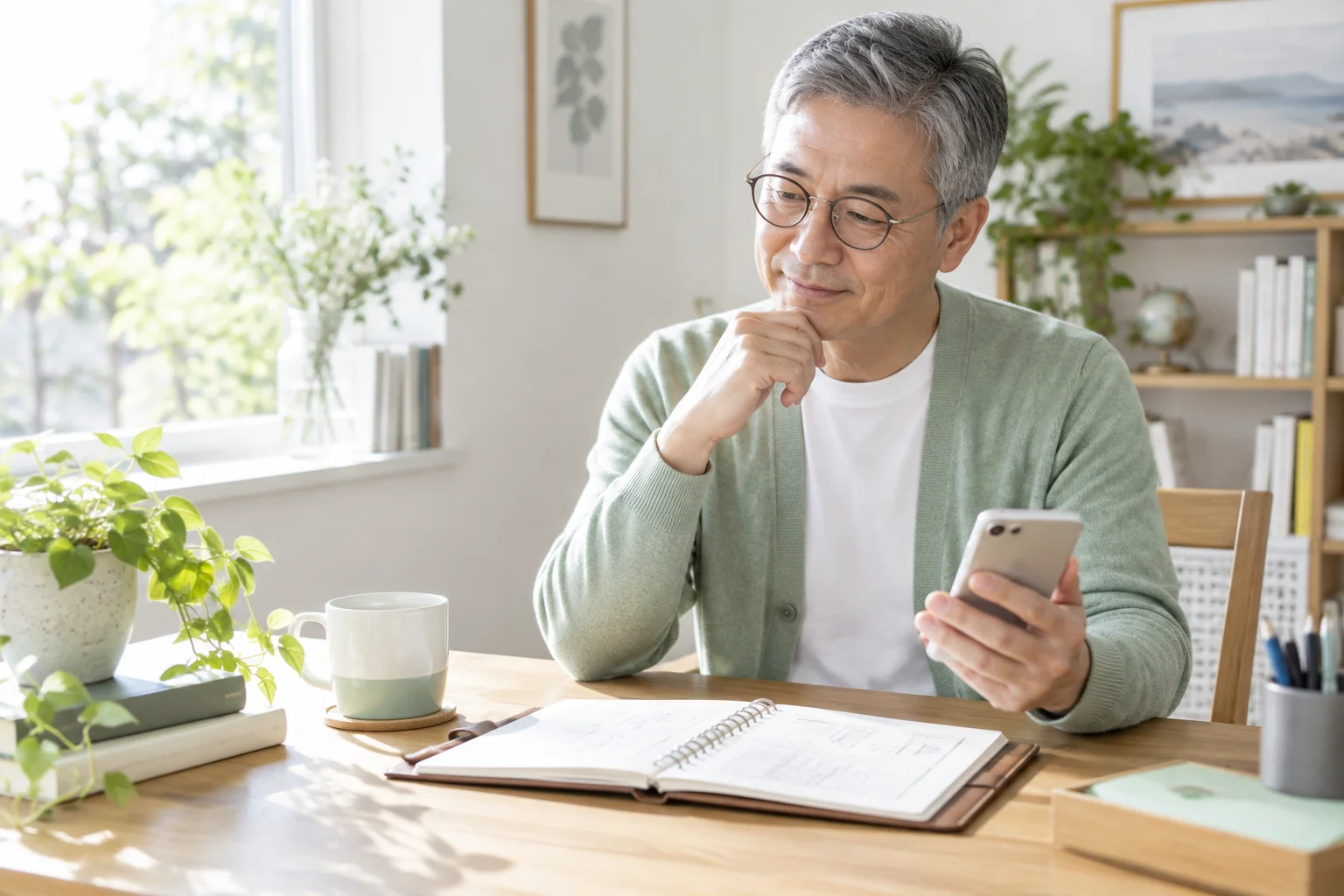 手帳とスマホで設定の確認を考える架空の男性