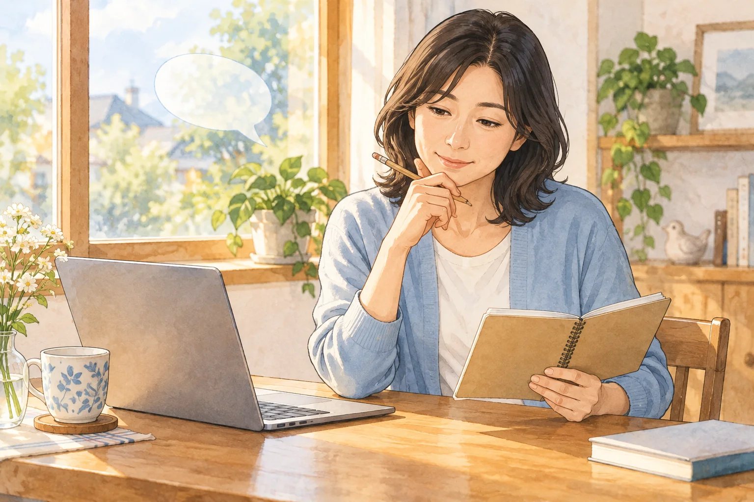 自宅の窓辺でPCとノートを見比べる架空の女性