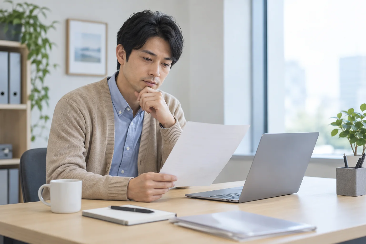 PCの横で見積書の版とメール内容を確認する架空の担当者