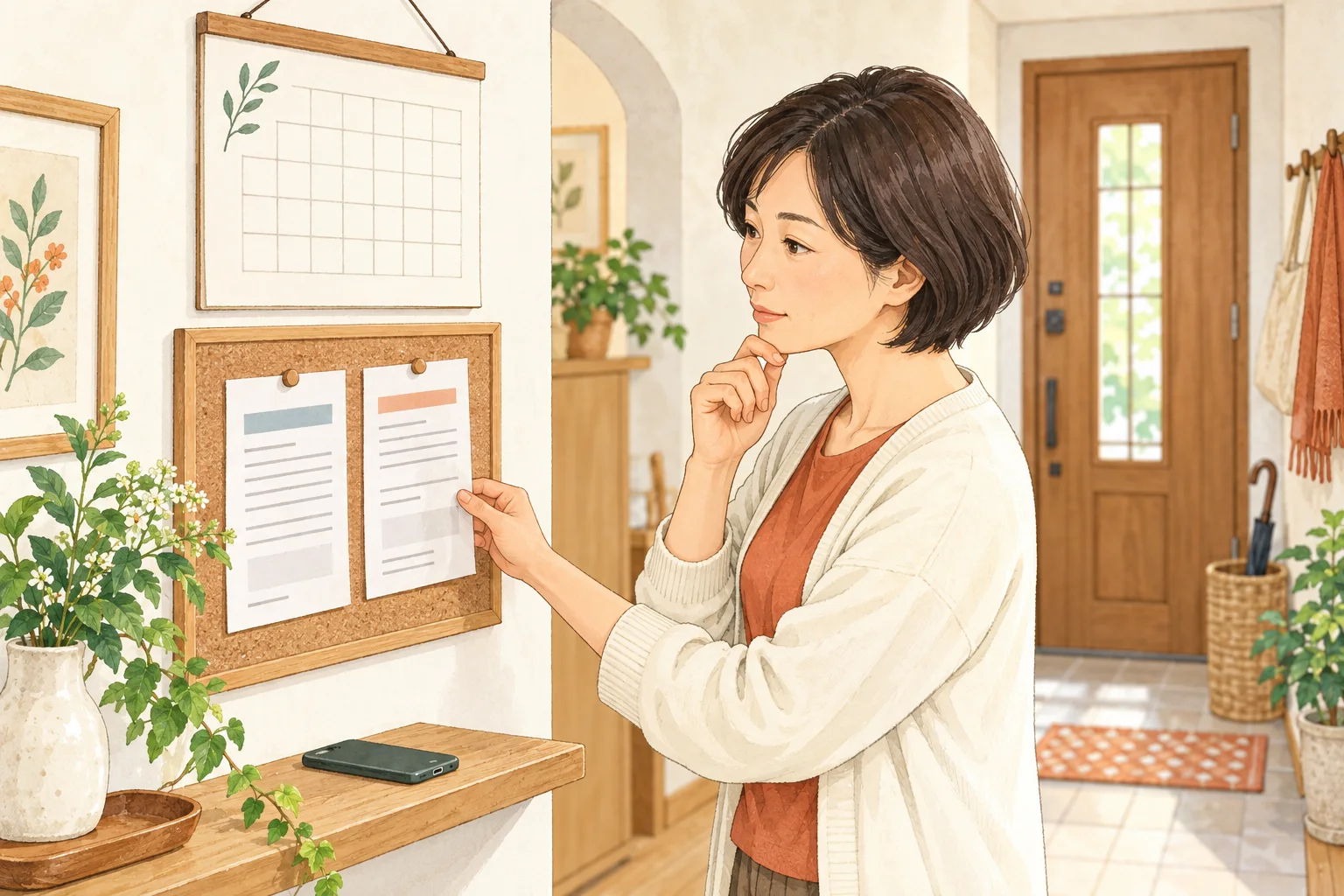 自宅のカレンダーと二枚の購入記録を見比べる架空の女性