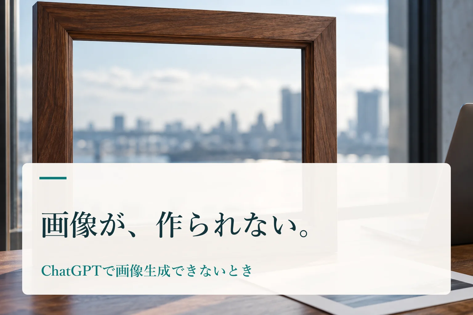 窓際の机に置いたノートPCと、額縁だけ空いた木の写真立て。見出し「画像が、作られない。　ChatGPTで画像生成できないとき」を重ねたAI生成の表紙。