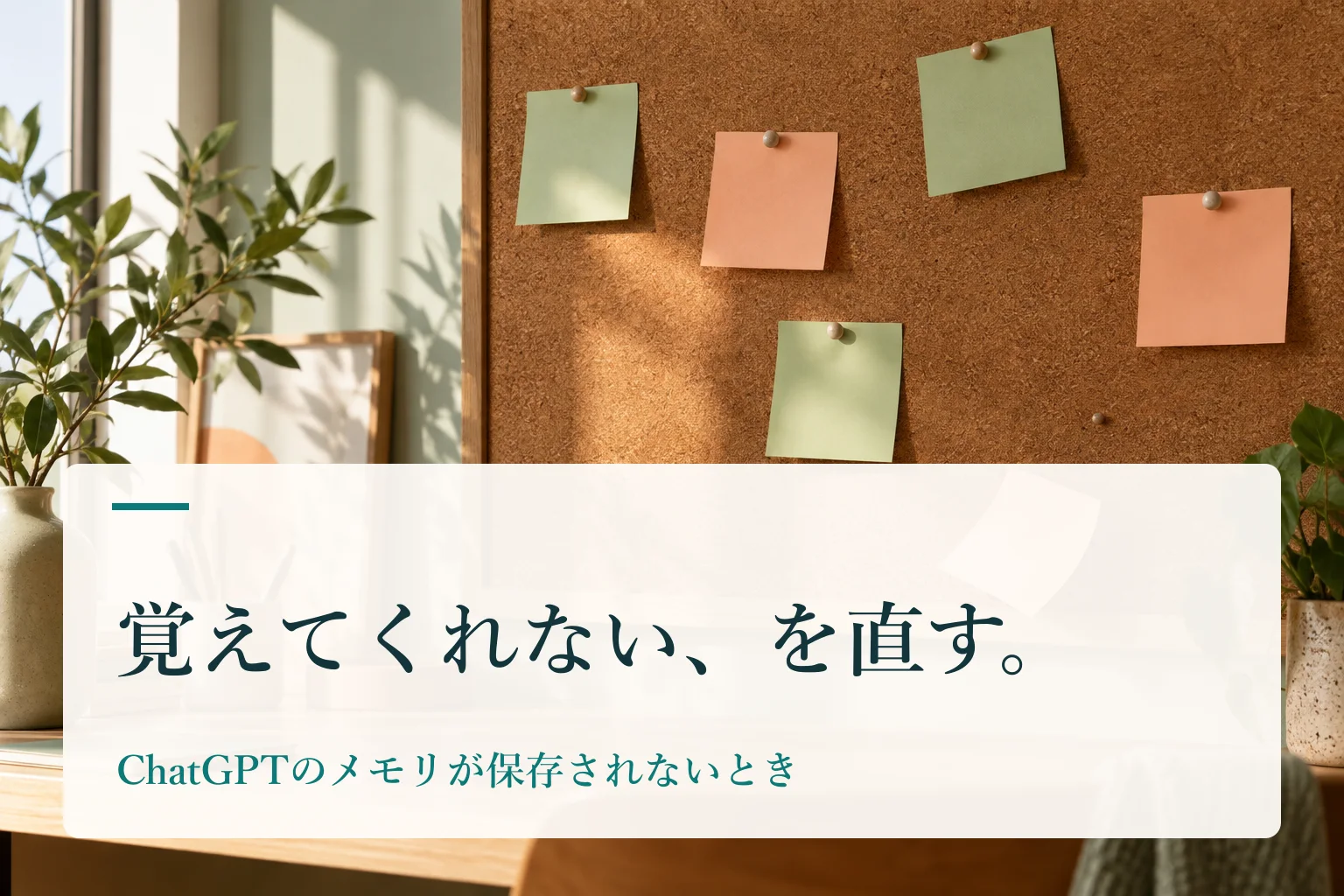 付箋がたくさん貼られたコルクボードと机。見出し「覚えてくれない、を直す。 ChatGPTのメモリが保存されないとき」を重ねたAI生成の表紙。
