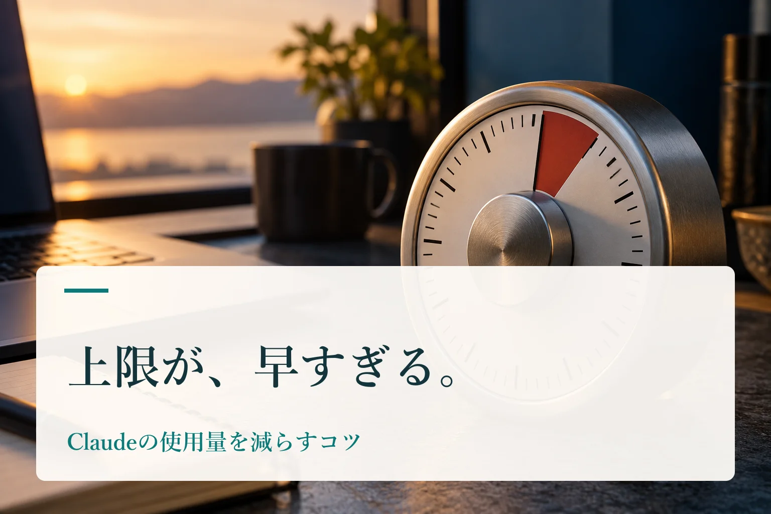 キッチンタイマーとノートPC、メモ帳が並ぶ机。見出し「上限が、早すぎる。　Claudeの使用量を減らすコツ」を重ねたAI生成の表紙。