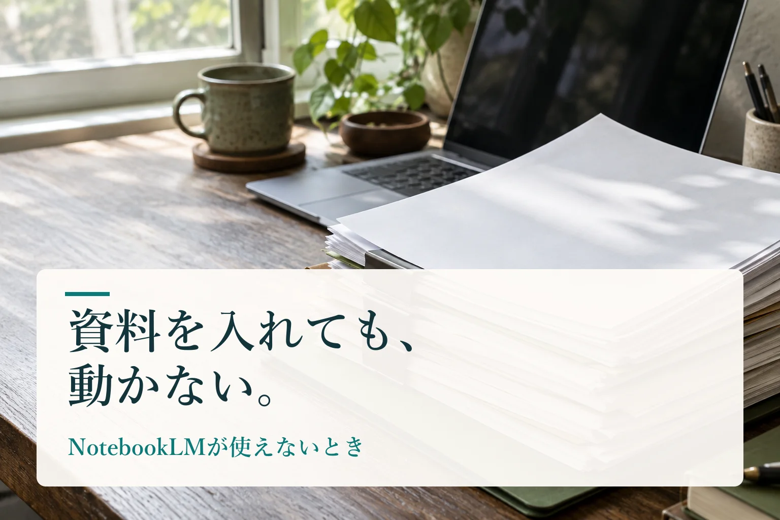 資料の紙の束とクリップ、ノートPCが置かれた机。見出し「資料を入れても、動かない。　NotebookLMが使えないとき」を重ねたAI生成の表紙。