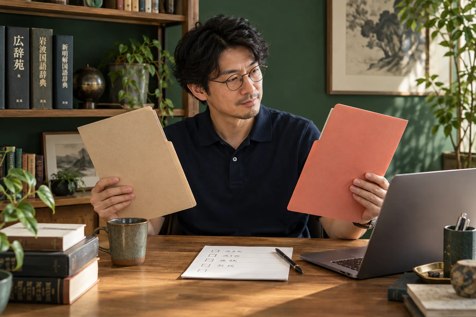 配布物を選ぶための条件と資料を見比べる架空の翻訳事務所の担当者