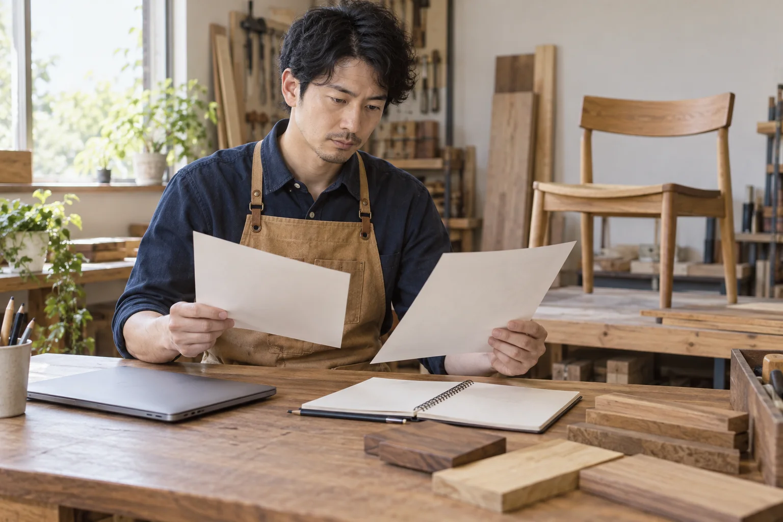 家具工房で元の質問と返答の下書きを確認する架空の担当者