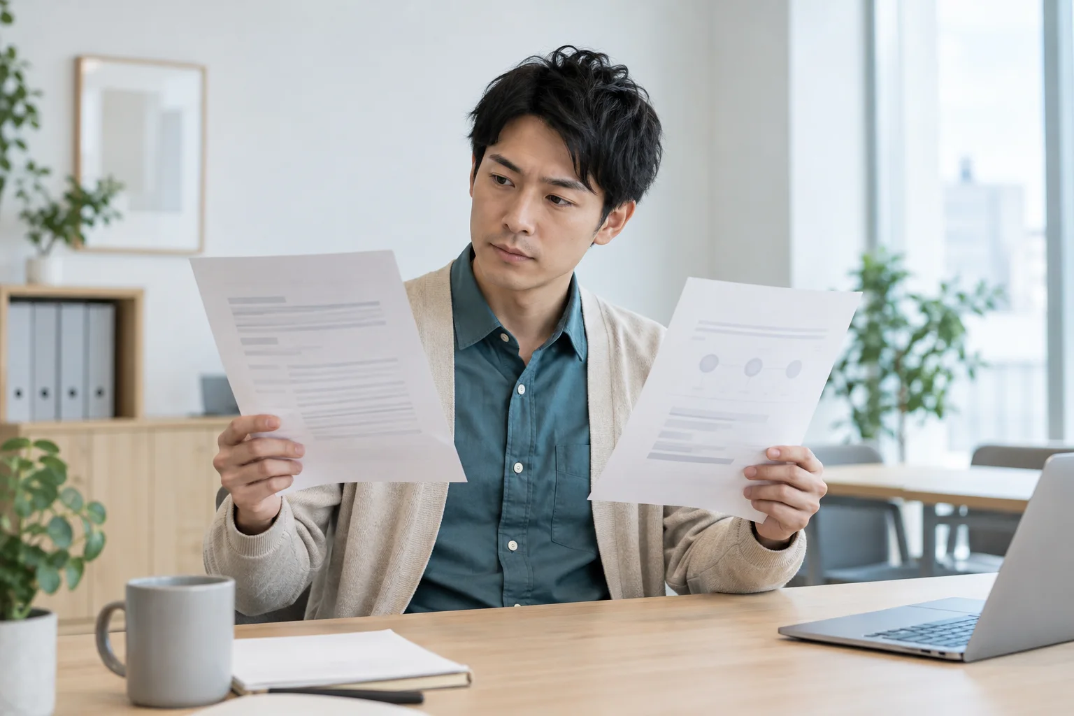 二枚の書類を比較する架空の男性担当者
