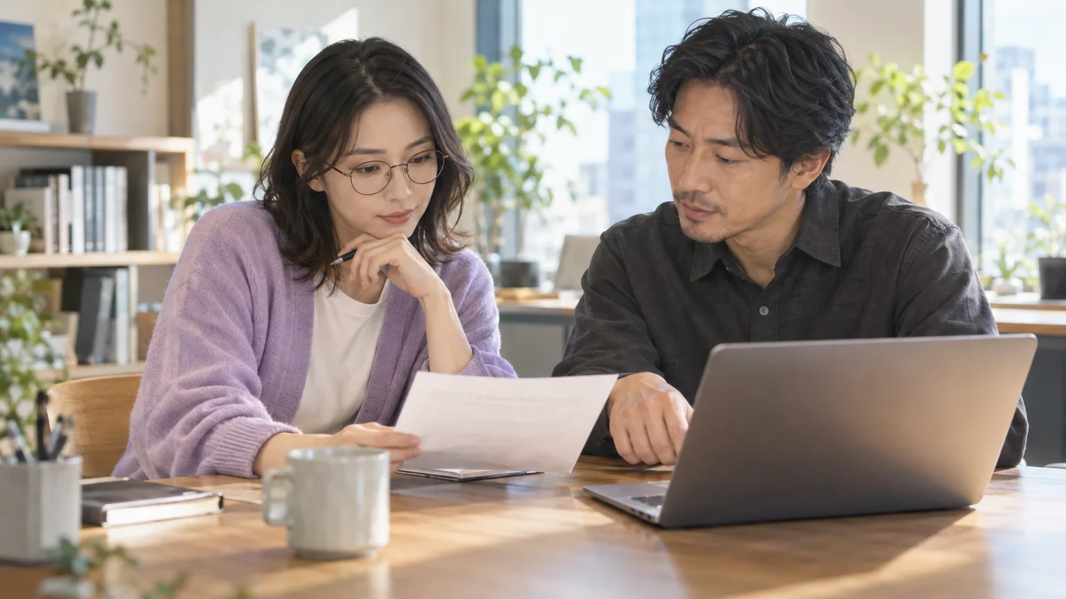 紙の原文とPCを見比べ、図解の文字を相談する架空の二人