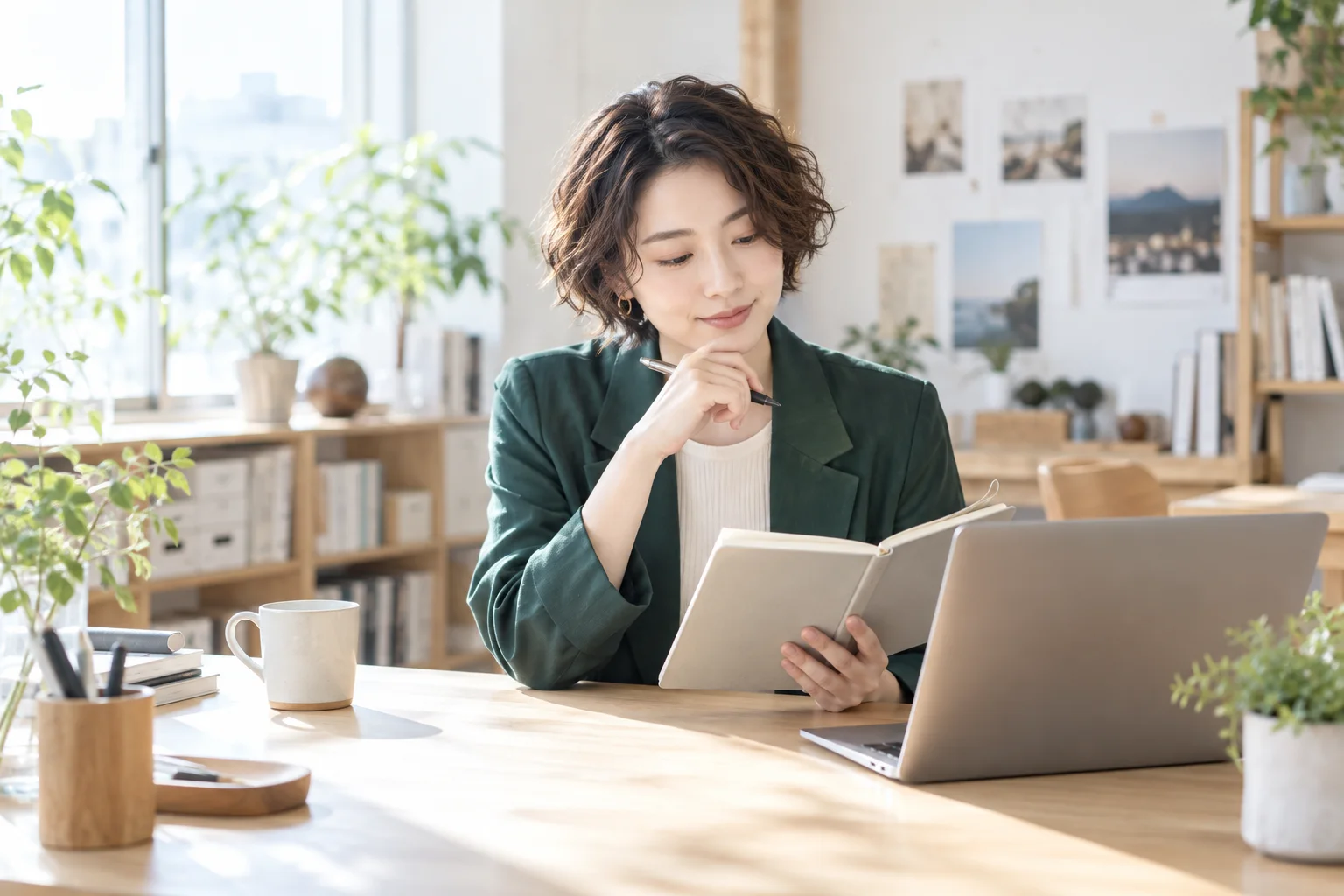 ノートとPCを見比べ、会議の準備を整理する架空の女性