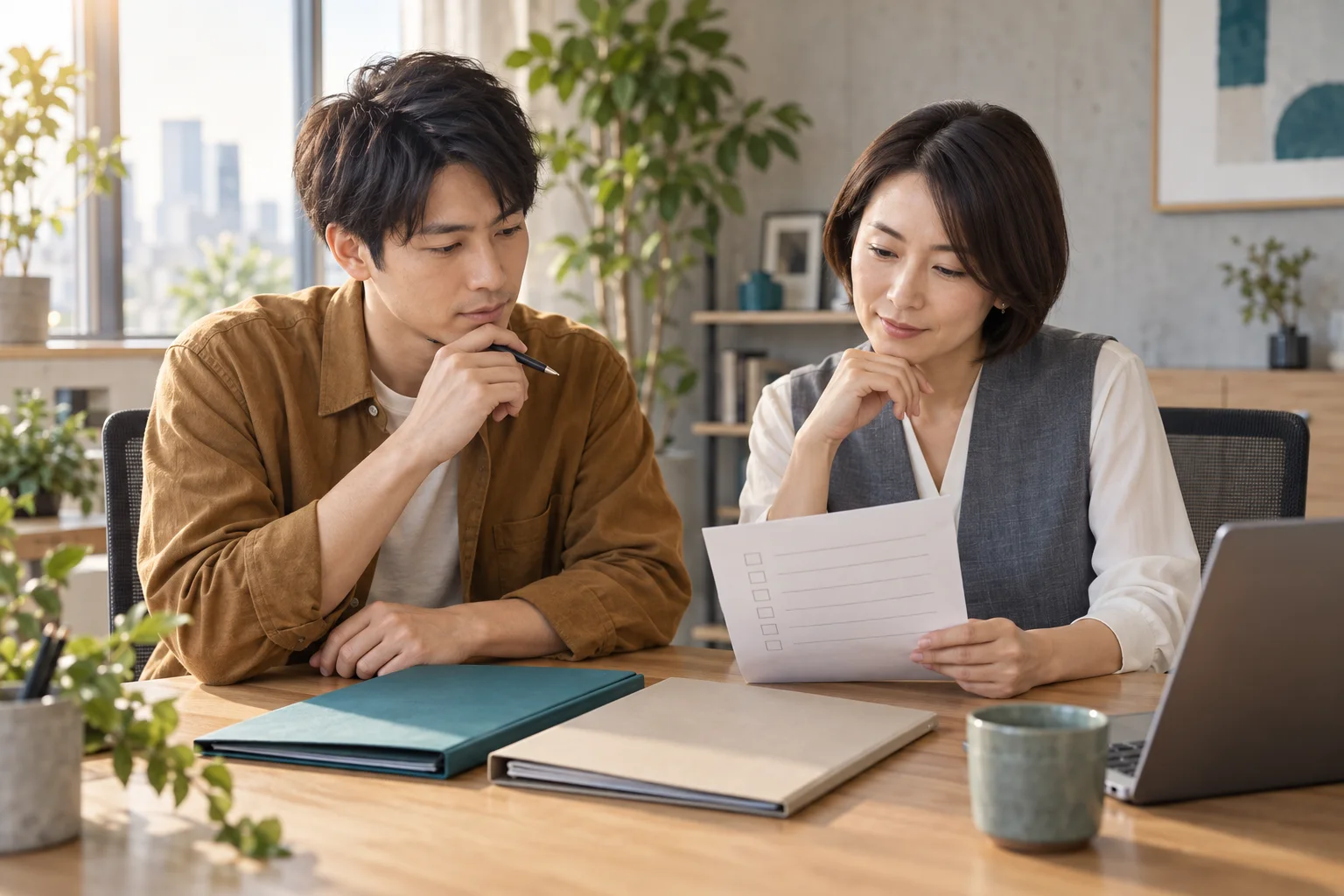 二つの資料フォルダーと短い確認表を比較する架空の仕事場