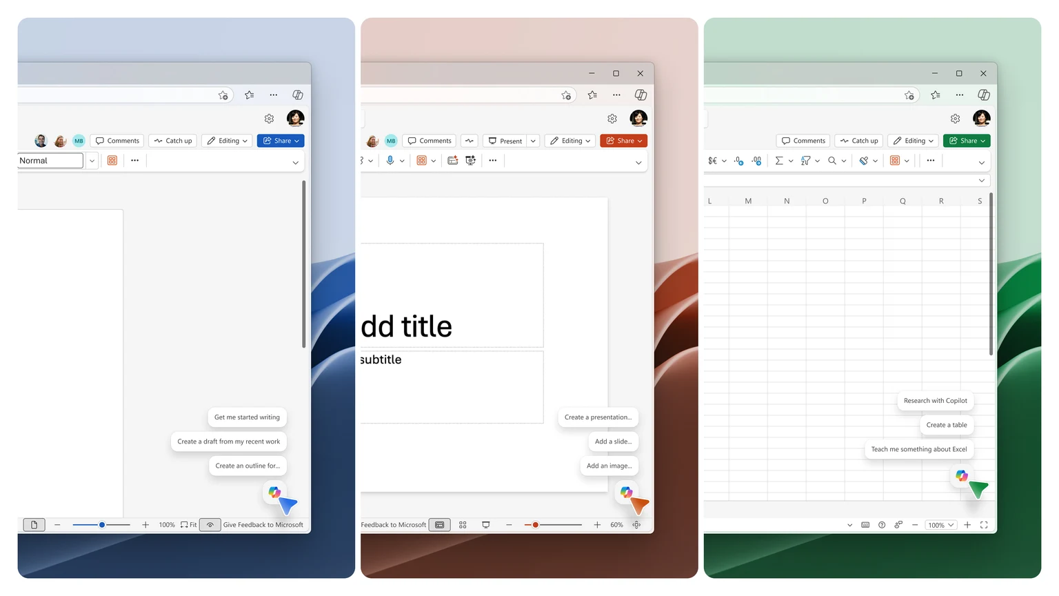 Microsoft公式の3画面例。右のExcel画面では、Copilotの入口がブックの右下にある。