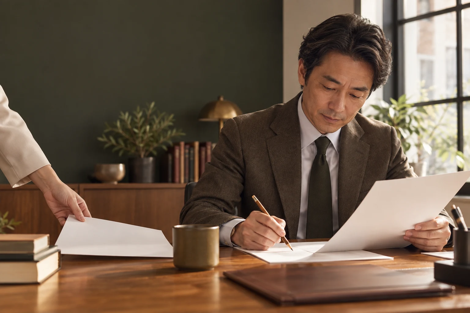 経験者が書類を確認し直し、同僚の支援を受ける架空の仕事場面。生成画像です。