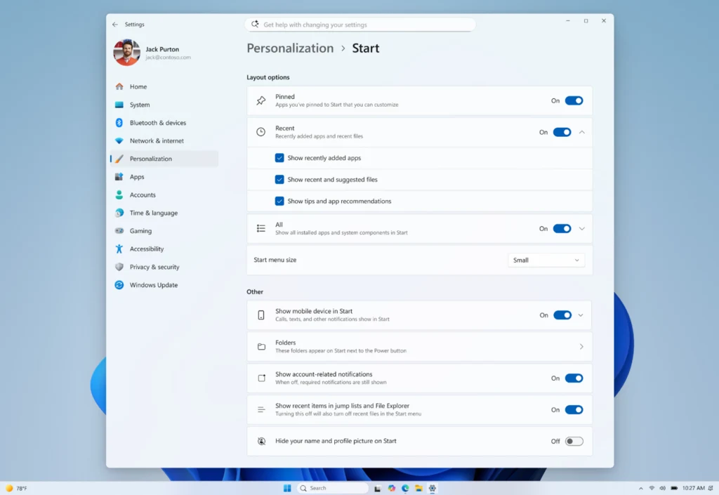 MicrosoftのInsider向け公式設定例。Pinned、Recent、Allの領域が別々のスイッチになっている。