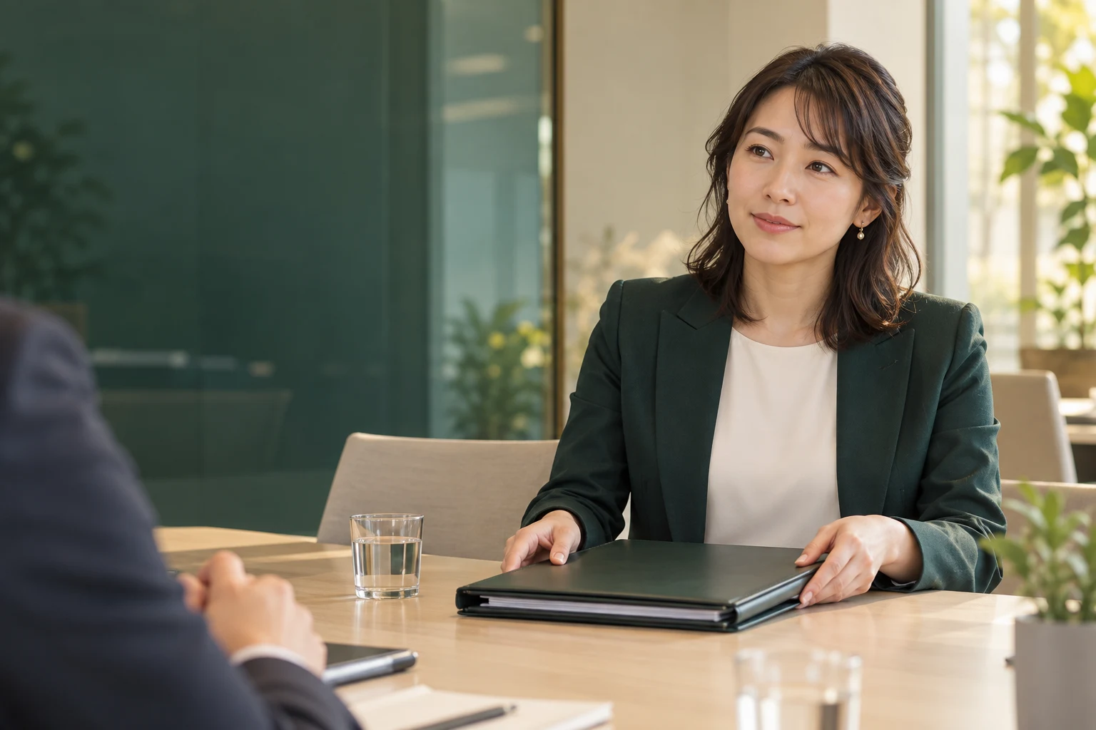 成果の資料を揃え、面談で確認する人物を描く生成イメージ。実在の評価面談ではありません。