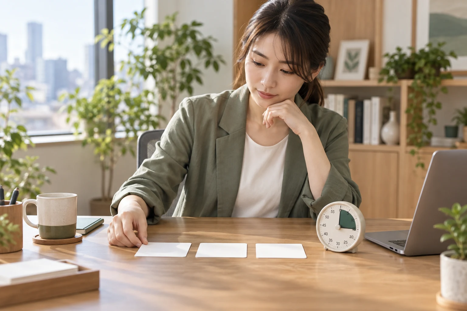 机上の作業カードとタイマーで仕事の順番を考える人。記事のテーマを表す生成イメージ。