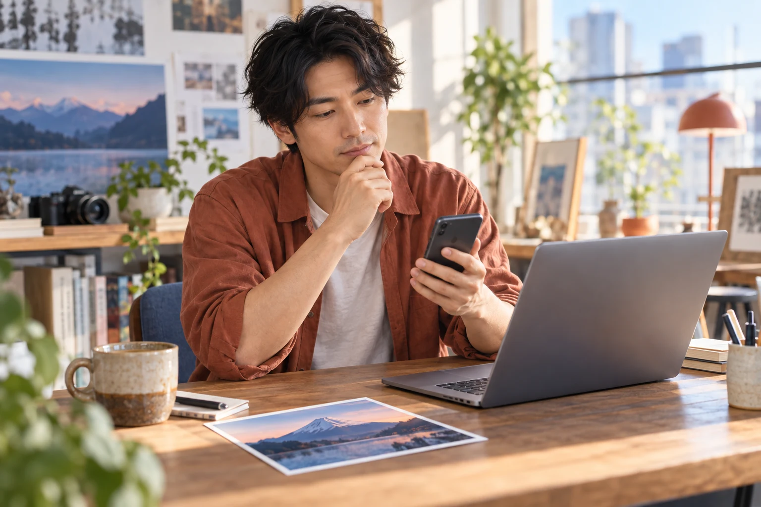 制作机でスマートフォンとノートPCを確認する男性。記事のテーマを表す生成イメージ。