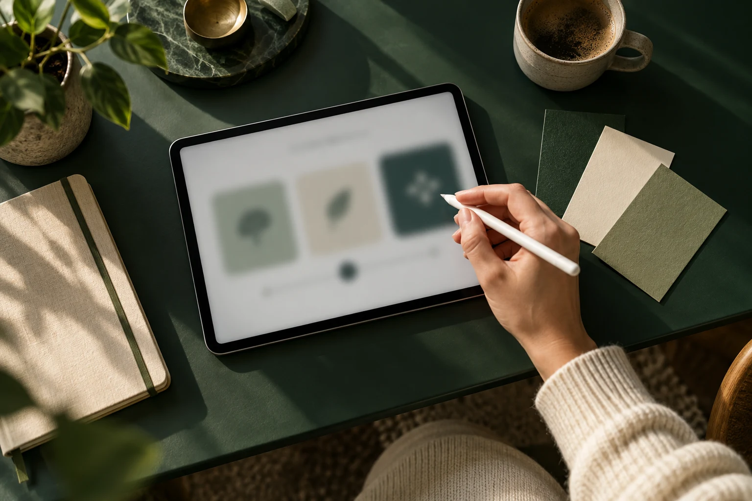 タブレットとノート、色見本を前に選択を考える手元。記事のテーマを表す生成イメージ。