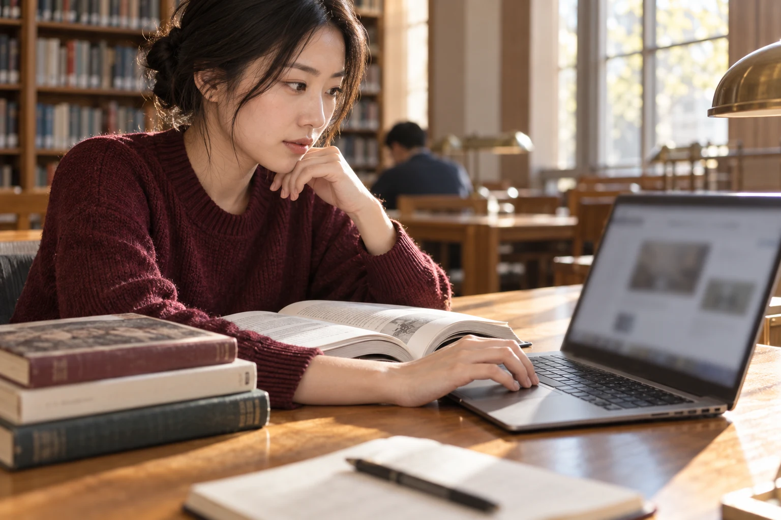 本と参考資料を置いた机で調べ物をする人。記事のテーマを表す生成イメージ。