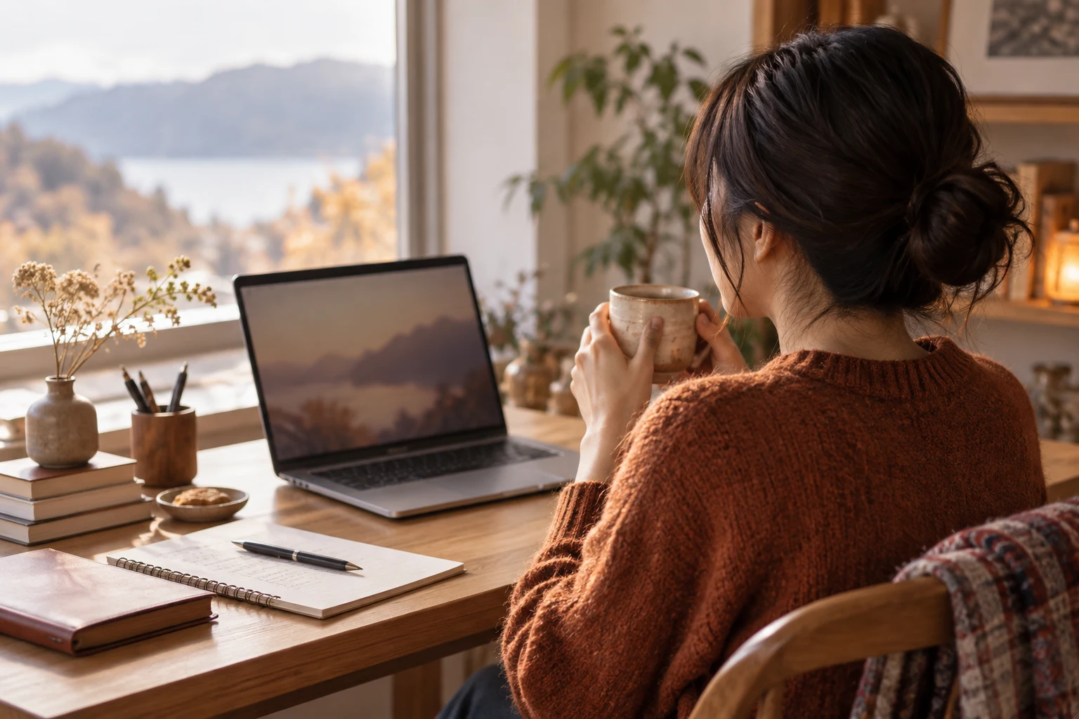 茶と下書きを置いた机でPCの作業を一度止める人。記事のテーマを表す生成イメージ。