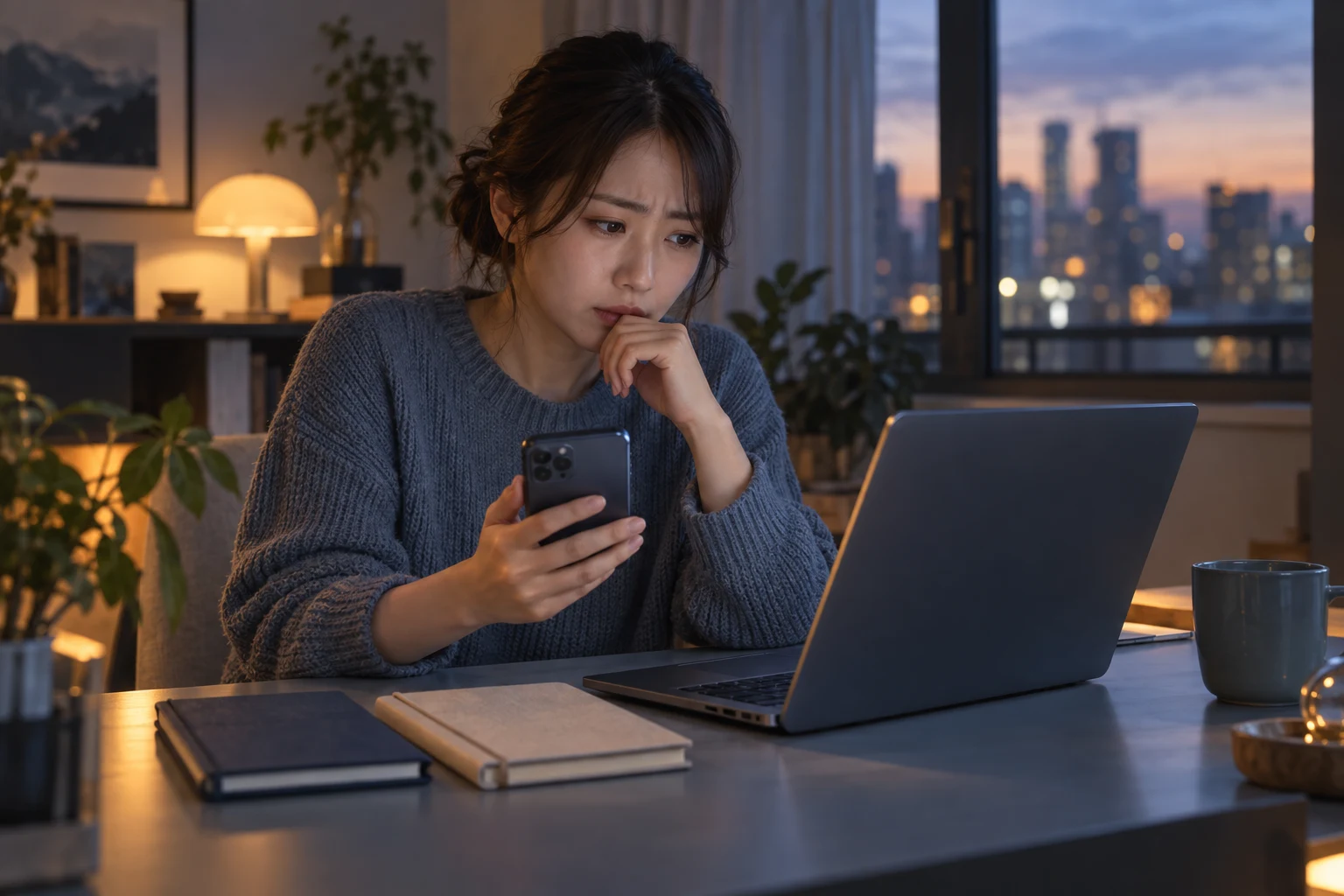 ノートPCとスマートフォン、二冊のノートを見比べる人。記事のテーマを表す生成イメージ。