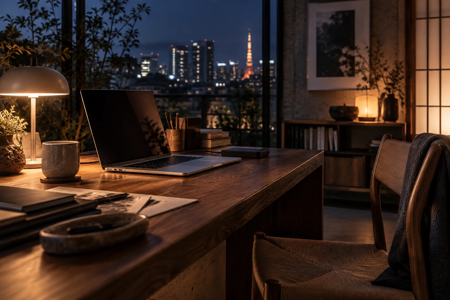 夜の制作机に残るノートPCと空いた椅子。記事のテーマを表す生成イメージ。