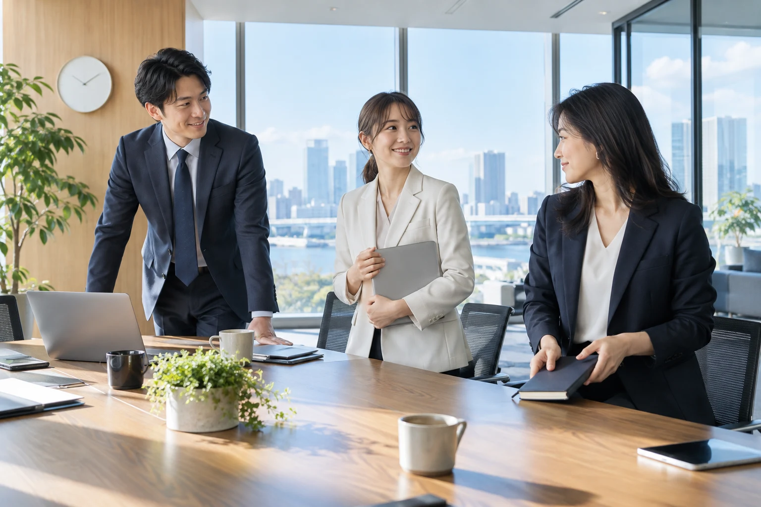 明るい会議室で打ち合わせを終えようとする三人。記事のテーマを表す生成イメージ。