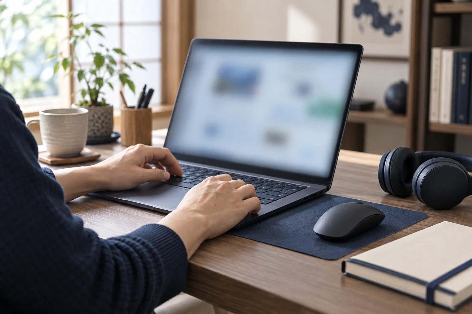 ノートPCと無線ヘッドホン、マウスを確認する手元。記事のテーマを表す生成イメージ。