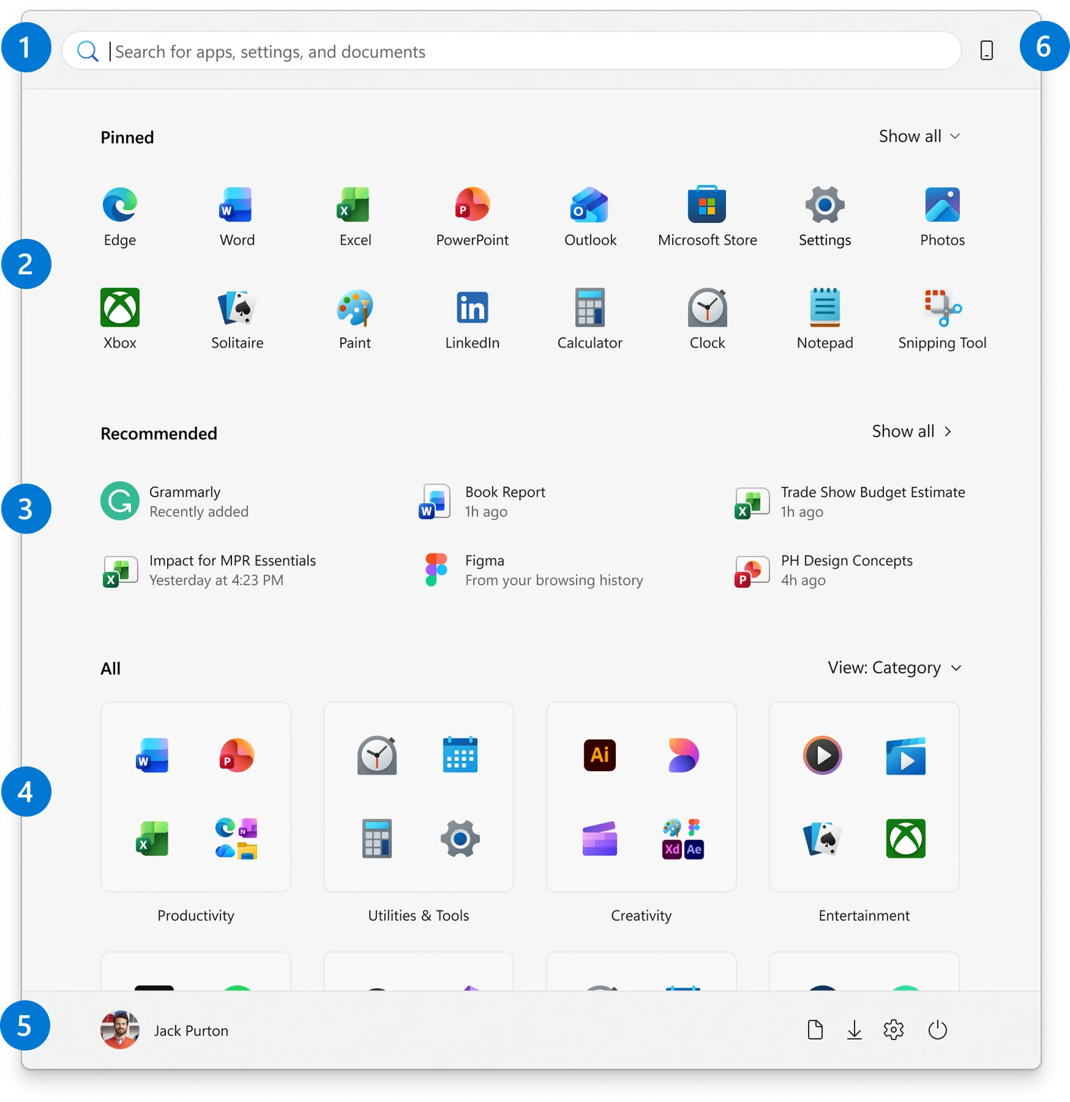 Microsoftの公式スタートメニュー例。検索、ピン留め、おすすめ、アプリ一覧、アカウントと電源、スマートフォン連携の領域が番号で示されている。