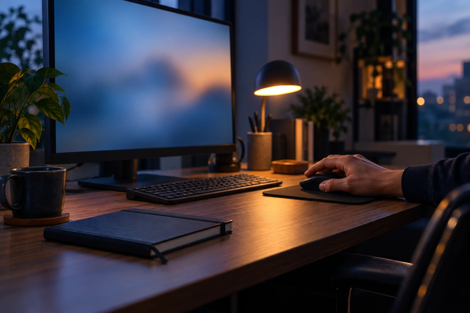 夕方の机にあるPCとノート、マウスへ伸ばす手。記事のテーマを表す生成イメージ。