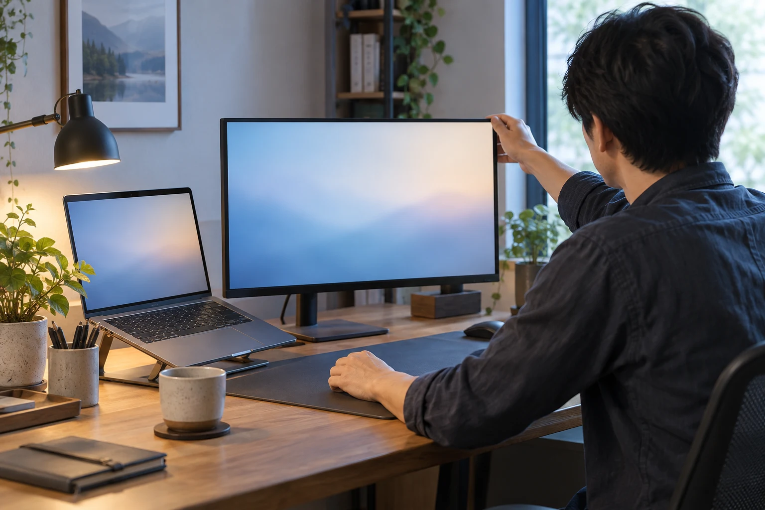 ノートPCとモニターを置いた作業机を整える人。記事のテーマを表す生成イメージ。