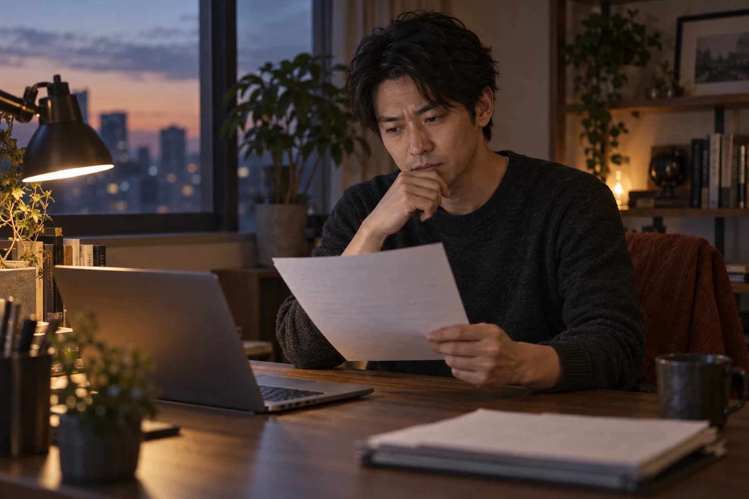 夕方の机で書類を確認する男性。記事のテーマを表す生成イメージ。
