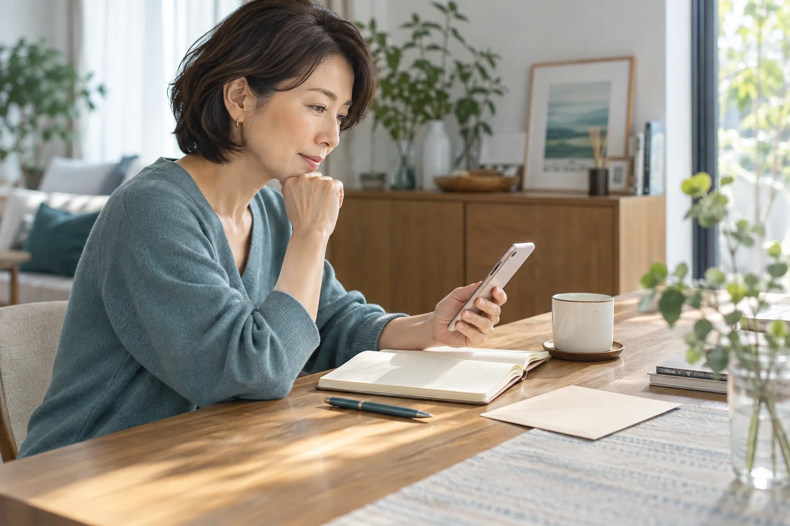 スマートフォンと手帳で契約を確認する架空の利用者