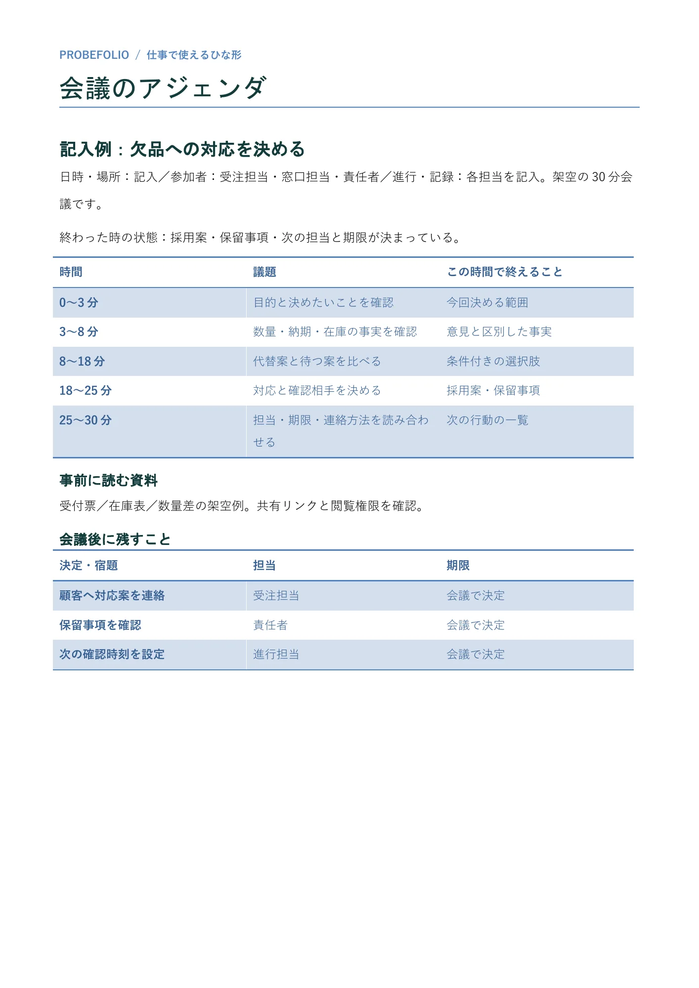 PROBEFOLIOが配布する編集用Word資料の記入例。架空の業務を記入したページ。