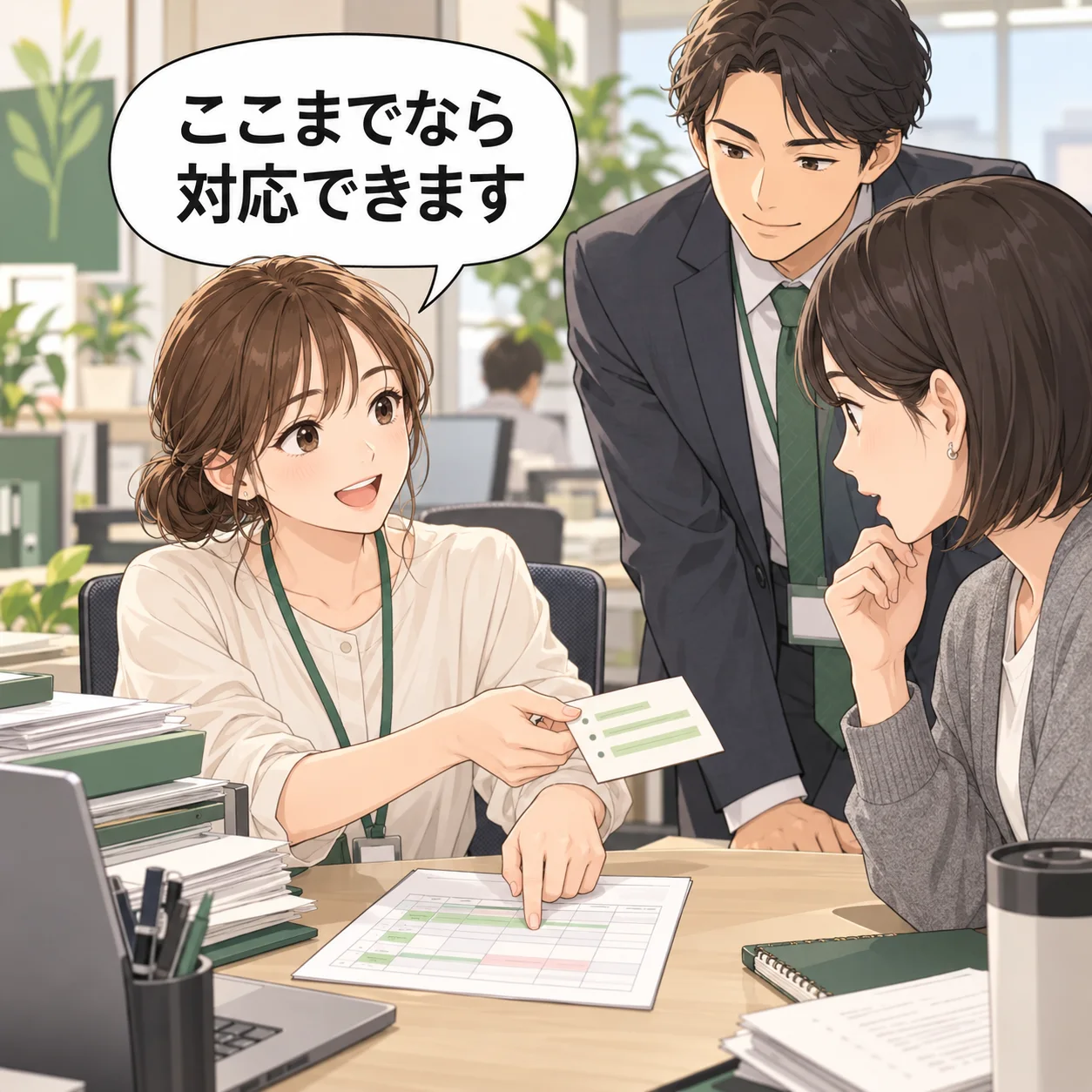 同僚の依頼に対し、美咲が今日の担当を示し、対応できる資料確認の範囲と時間を別のメモへ書いて渡す。 吹き出し「ここまでなら対応できます」。AI生成の架空例。