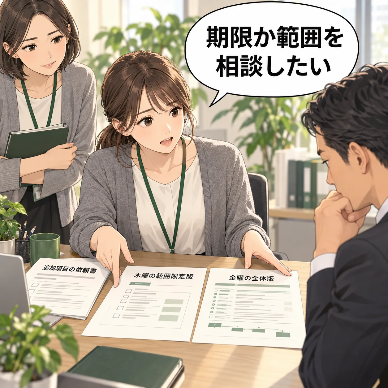 美咲が追加項目の依頼書と木曜の予定を上司へ示し、金曜の全体版と木曜の範囲限定版の二つの紙を並べる。 吹き出し「期限か範囲を相談したい」。AI生成の架空例。