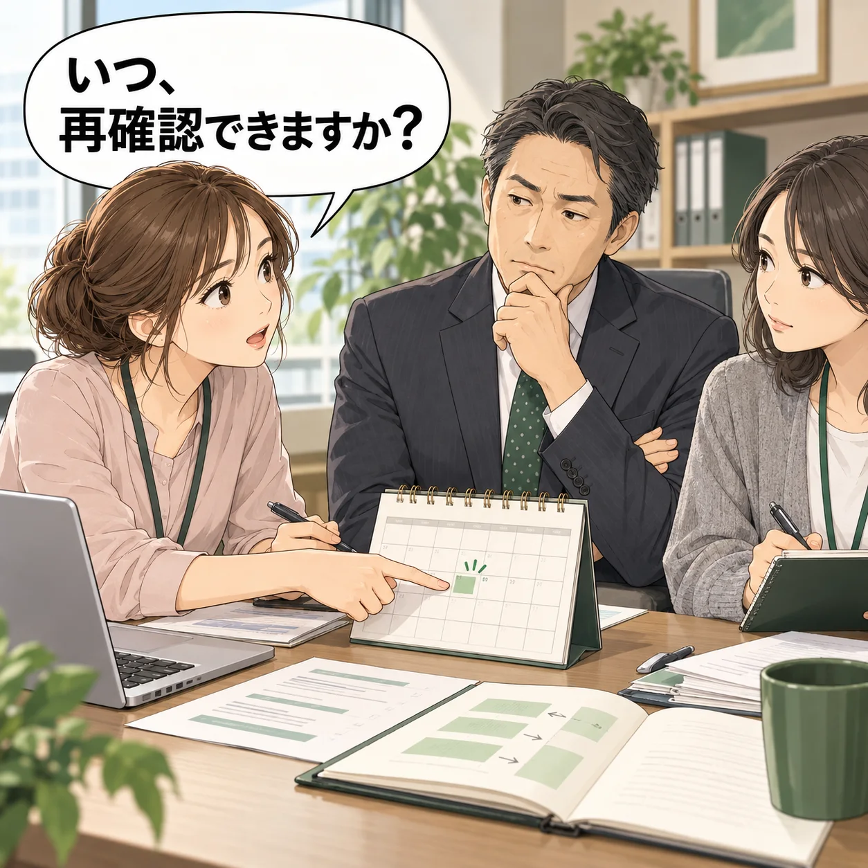 上司が判断を保留し、美咲が次の確認時刻をカレンダーへ仮置きし、それまで進められる部分を指す。 吹き出し「いつ、再確認できますか?」。AI生成の架空例。