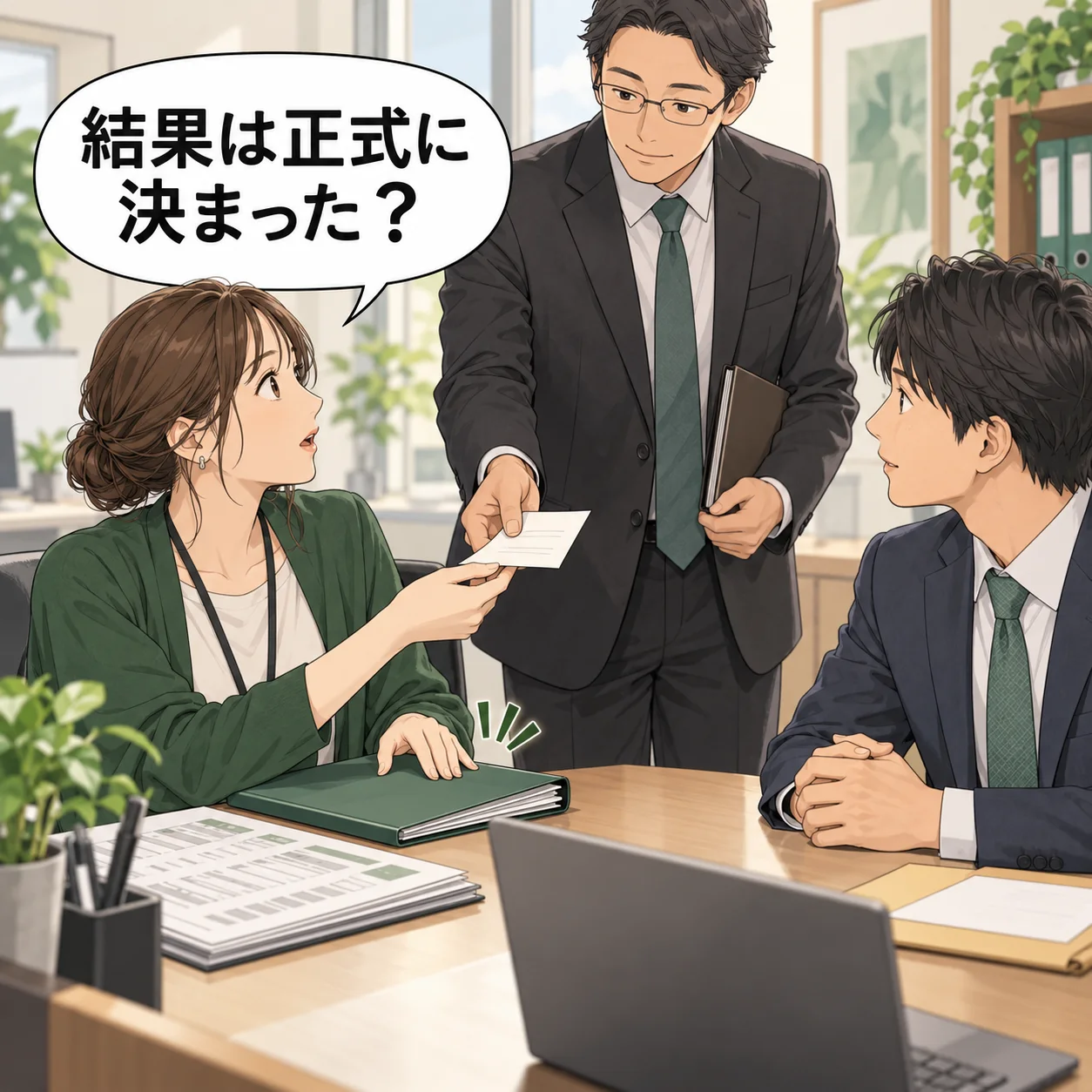 購買担当が見積比較表を閉じ、社内承認者から選定結果を確認したメモを受け取る。発注書はまだ未発行。 吹き出し「結果は正式に決まった?」。AI生成の架空例。