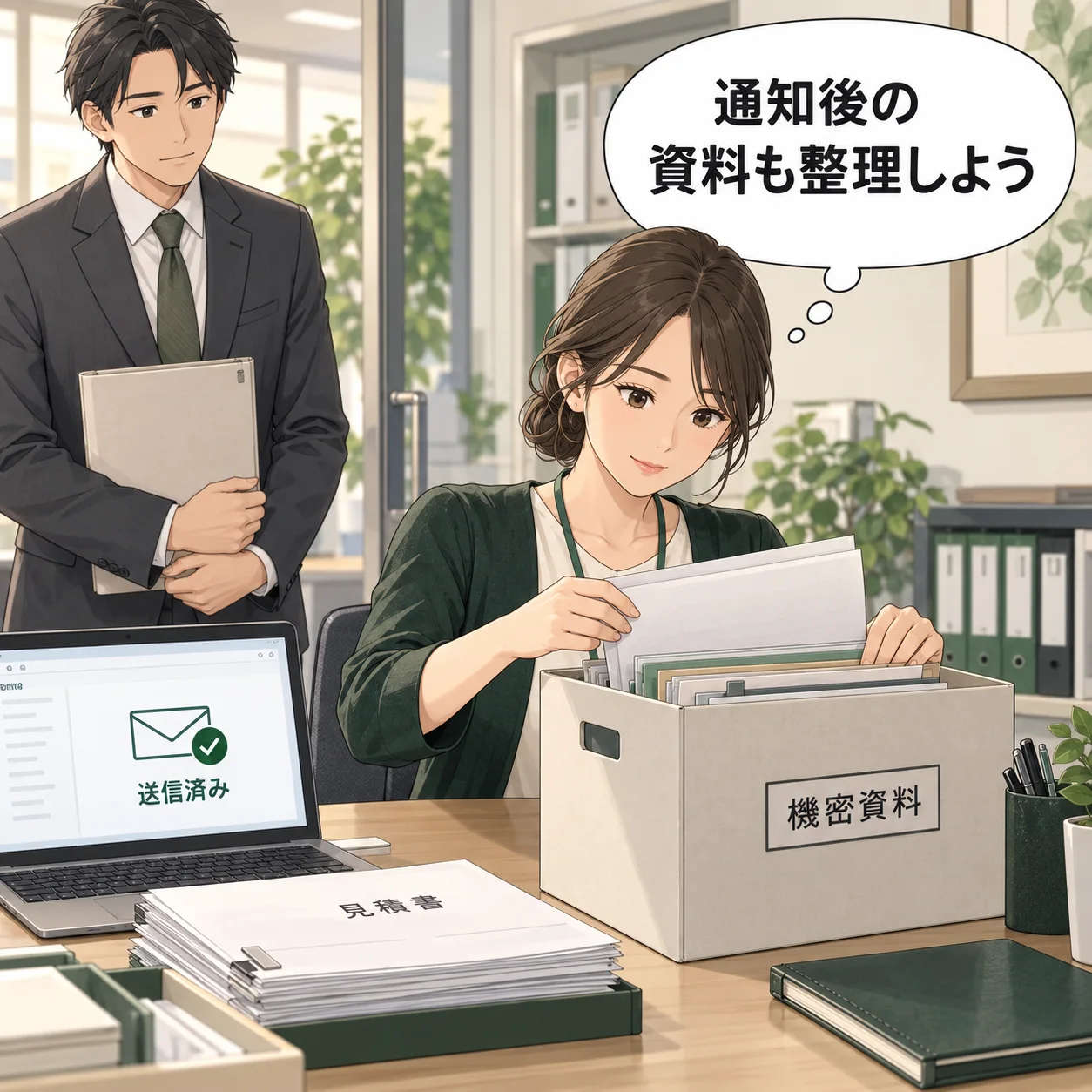 購買担当が不採用通知の送信済み記録と資料保管を確認し、受け取った機密資料を会社ルールの箱へ整理する。 吹き出し「通知後の資料も整理しよう」。AI生成の架空例。