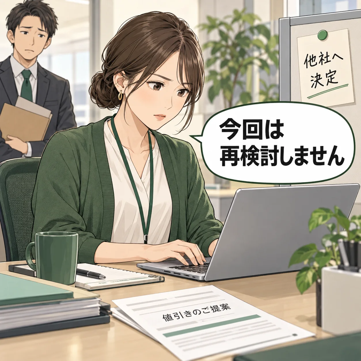 値引き提案が届いた購買担当が、他社へ決定した社内メモを見て、再検討しない旨の短い返信を作る。 吹き出し「今回は再検討しません」。AI生成の架空例。