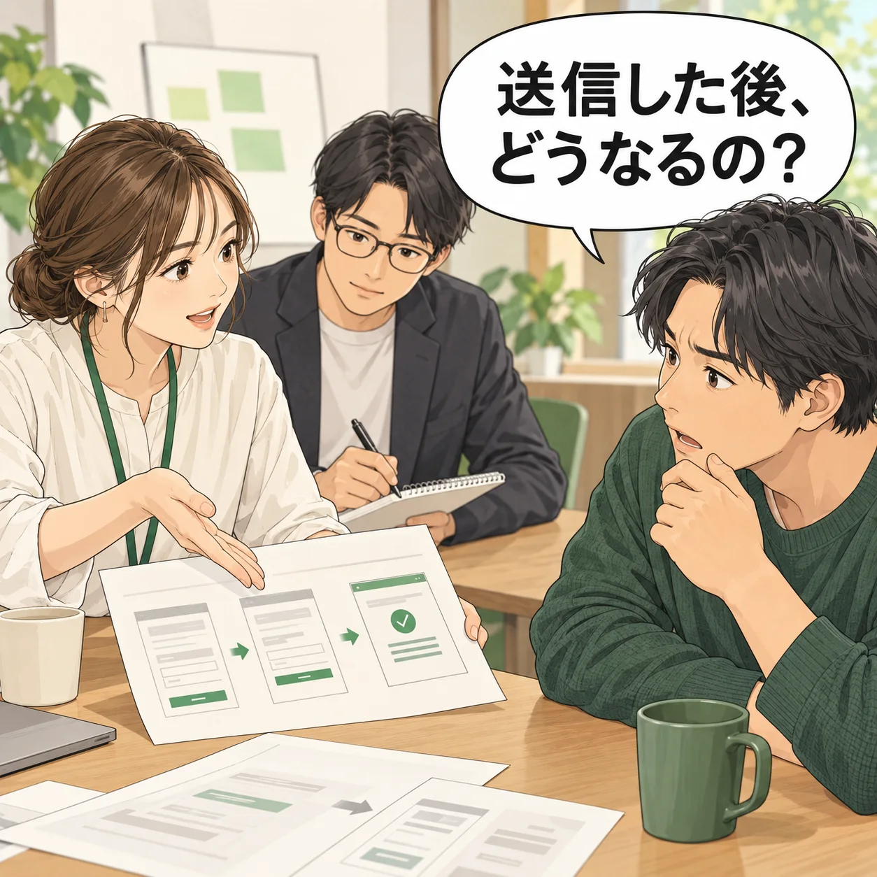 申込フォームの説明用の紙見本を前に、利用者が送信後の流れが分からず手を止め、担当者がその発言をメモする。実在サービスUIなし。 吹き出し「送信した後、どうなるの?」。AI生成の架空例。