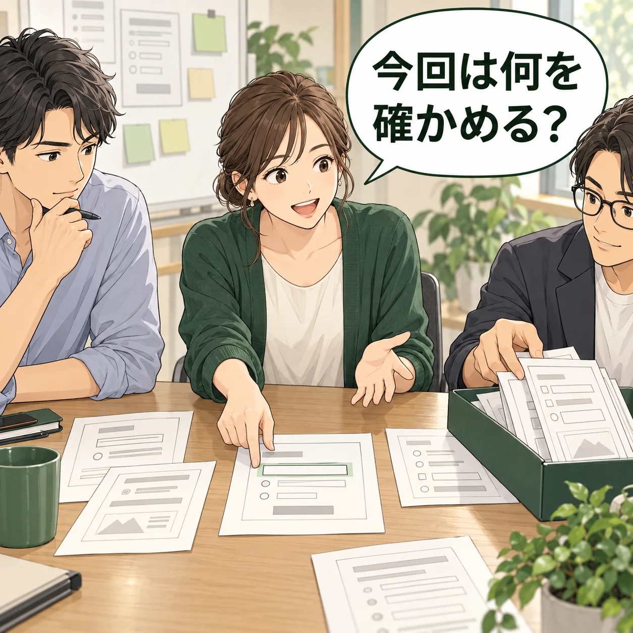 チームが紙の試作品から一つの質問に関わる部分だけを机へ出し、他の変更案を次回用トレーへ置く。 吹き出し「今回は何を確かめる?」。AI生成の架空例。