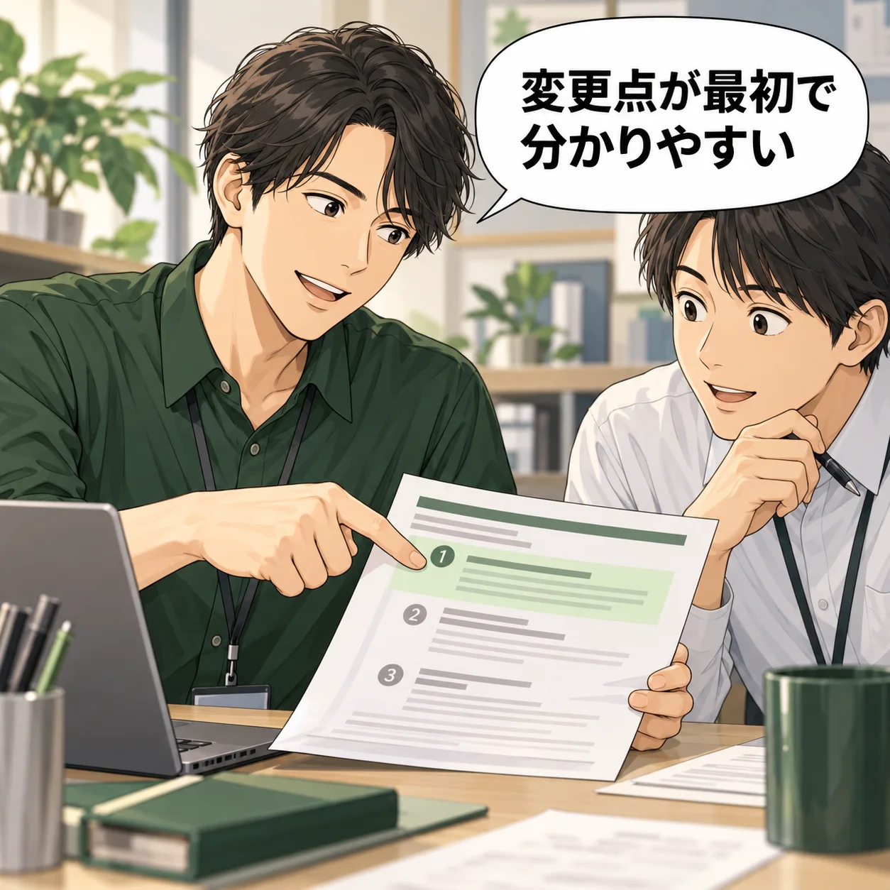 森が同僚の報告の最初にある変更点と判断期限を指し、自分が承認する範囲を確認できたことを伝える。 吹き出し「変更点が最初で分かりやすい」。AI生成の架空例。