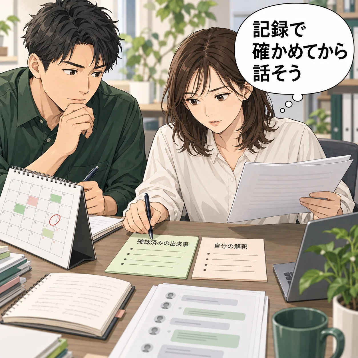 森が締切のカレンダーと連絡記録を見比べ、確認済みの出来事と自分の解釈を別のメモへ分ける。 吹き出し「記録で確かめてから話そう」。AI生成の架空例。