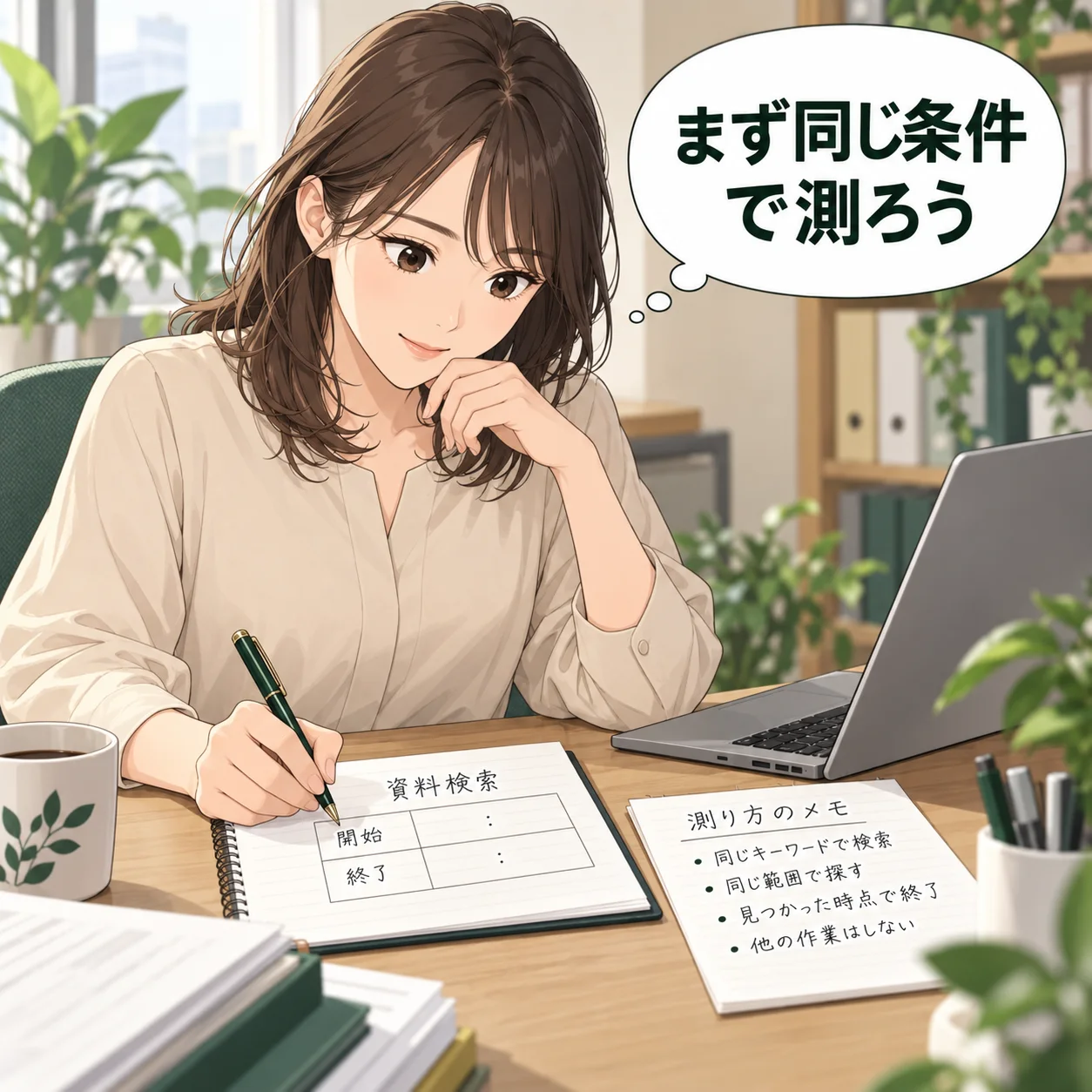 真央が資料検索の開始と終了を同じ記録欄へ書き、測り方のメモを横に置く。まだ改善後の成果は描かない。 吹き出し「まず同じ条件で測ろう」。AI生成の架空例。