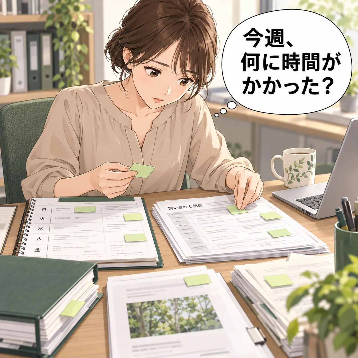 真央が一週間の予定と問い合わせ記録を机へ並べ、資料を探していた場面に同じ色の付箋を貼る。 吹き出し「今週、何に時間がかかった?」。AI生成の架空例。