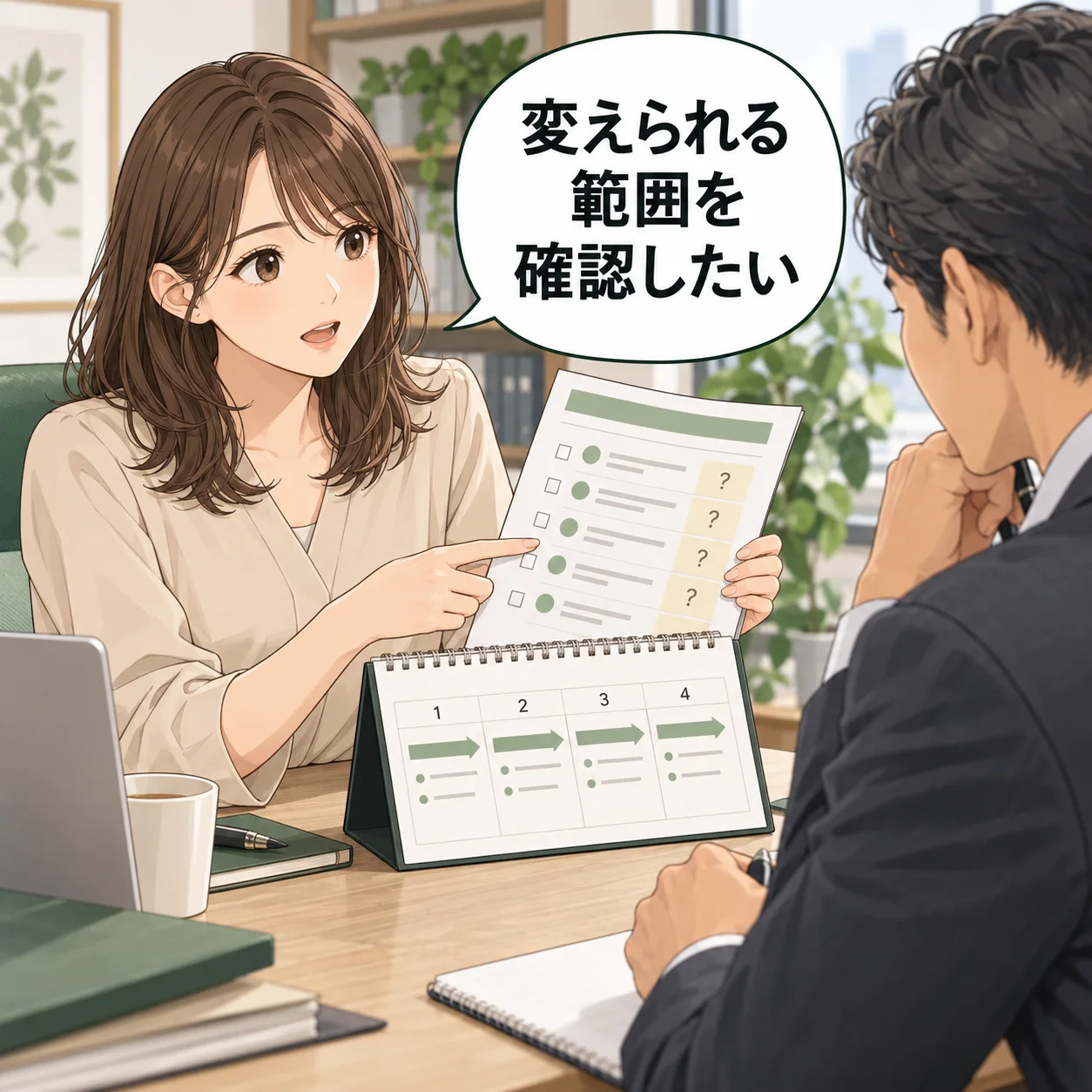 真央が候補の目標と未確認の権限欄を上司へ見せ、4週間の測定予定をカレンダーで相談する。 吹き出し「変えられる範囲を確認したい」。AI生成の架空例。
