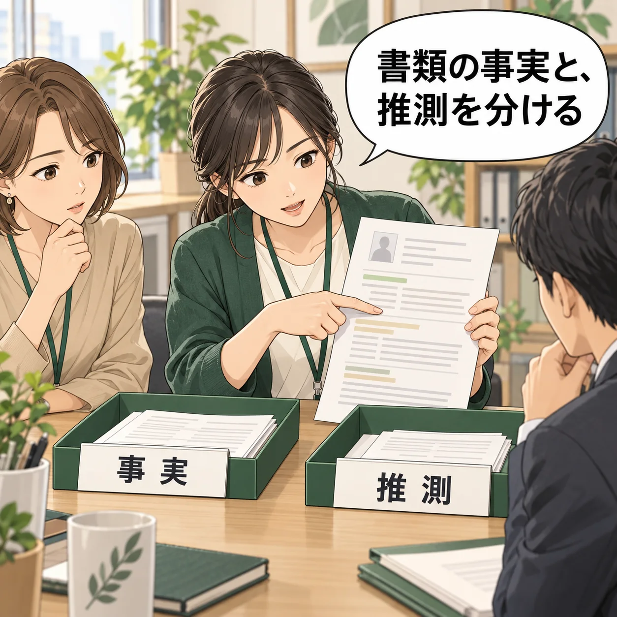 真央が応募書類の実際の記述を指し、確認できる事実と推測を別のトレーへ分ける。理由を断定する人物は描かない。 吹き出し「書類の事実と、推測を分ける」。AI生成の架空例。