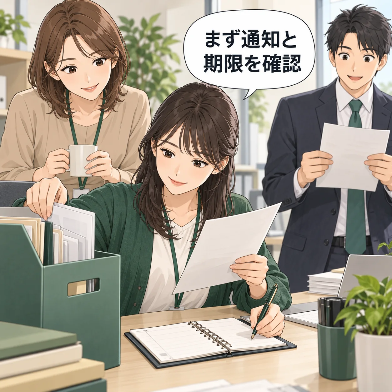 真央が結果通知と募集要項を会社の保管フォルダへ整理し、返信期限と問い合わせ先を手帳に控える。悲壮感を強調しない。 吹き出し「まず通知と期限を確認」。AI生成の架空例。